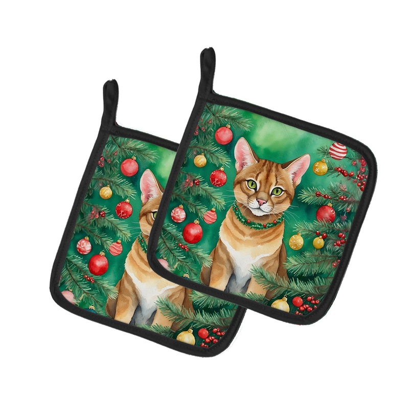 Chausie Cat By the Christmas Tree Pot Holders - Set of 2 Decorative Kitchen Helpers | Made in the USA