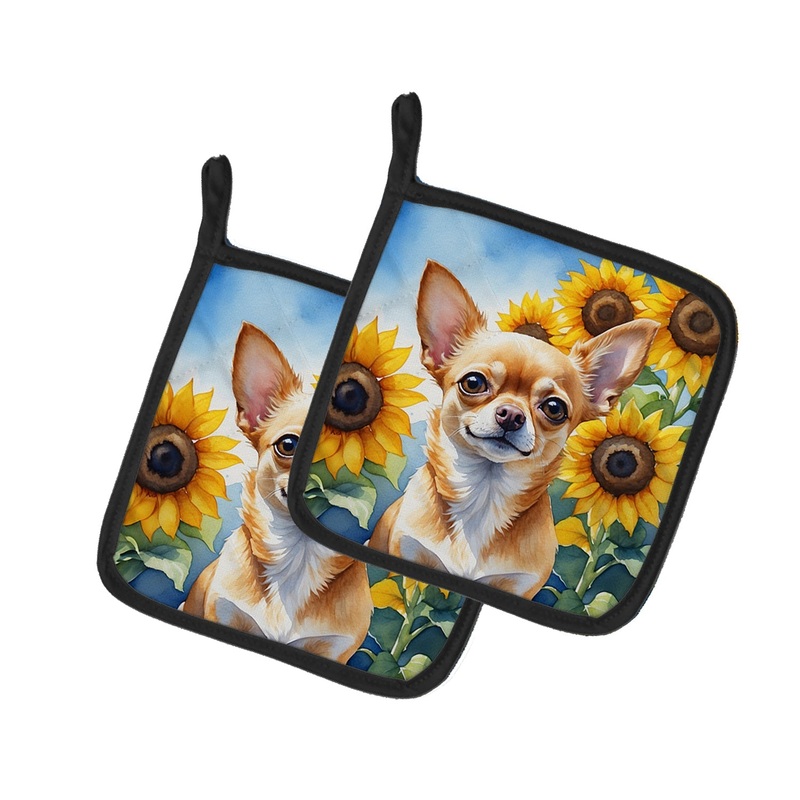 Chihuahua in Sunflowers Pot Holders - Set of 2 Decorative Kitchen Helpers | Made in the USA