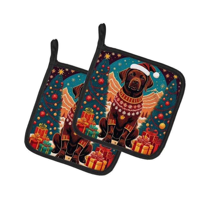 Chocolate Labrador Retriever Christmas Pot Holders - Set of 2 Decorative Kitchen Helpers | Made in the USA