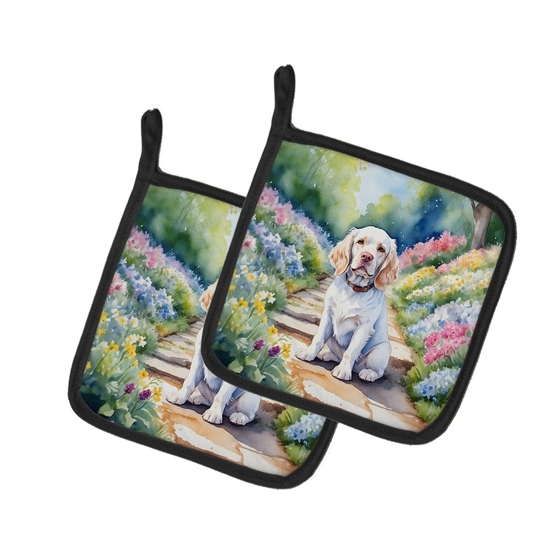 Clumber Spaniel Spring Path Pot Holders - Set of 2 Decorative Kitchen Helpers | Made in the USA