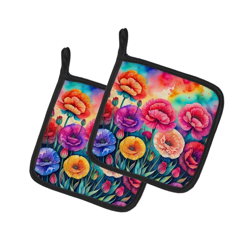 Colorful Carnations Pot Holders - Set of 2 Decorative Kitchen Helpers | Made in the USA