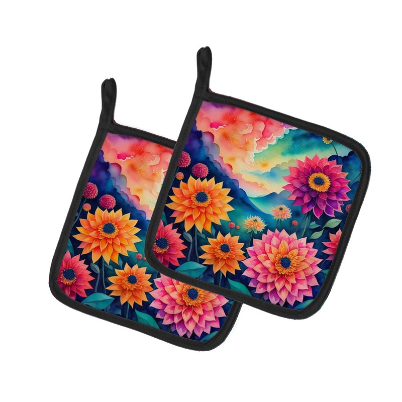 Colorful Dahlias Pot Holders - Set of 2 Decorative Kitchen Helpers | Made in the USA