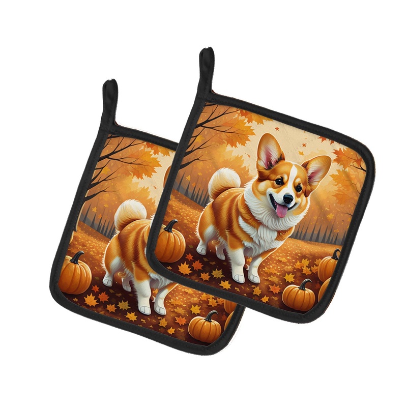 Corgi Fall Pot Holders - Set of 2 Decorative Kitchen Helpers | Made in the USA