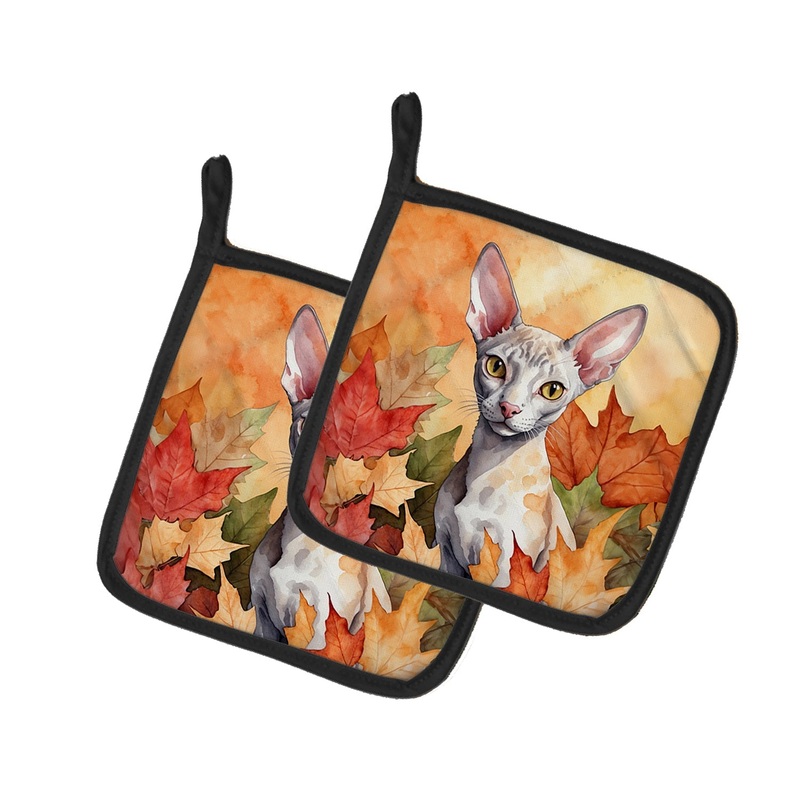 Cornish Rex Cat in Fall Leaves Pot Holders - Set of 2 Decorative Kitchen Helpers | Made in the USA