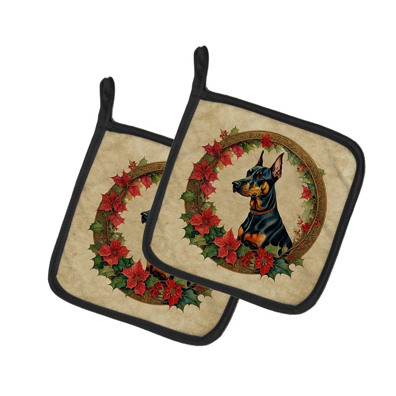 Doberman Pinscher Christmas Flowers Pot Holders - Set of 2 Decorative Kitchen Helpers | Made in the USA