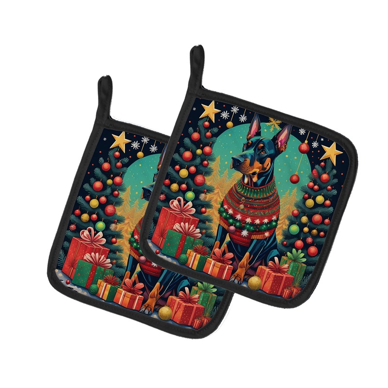 Doberman Pinscher Christmas Pot Holders - Set of 2 Decorative Kitchen Helpers | Made in the USA