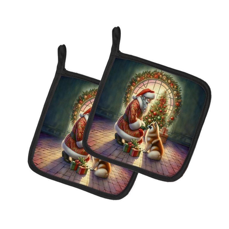 Finnish Spitz and Santa Claus Pot Holders - Set of 2 Decorative Kitchen Helpers | Made in the USA