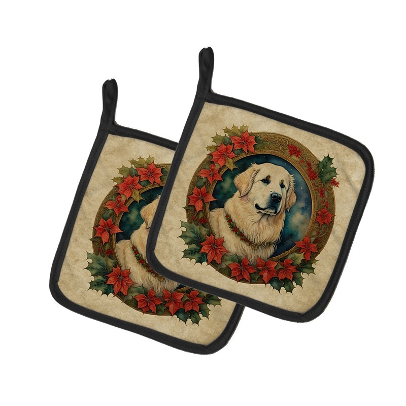 Great Pyrenees Christmas Flowers Pot Holders - Set of 2 Decorative Kitchen Helpers | Made in the USA