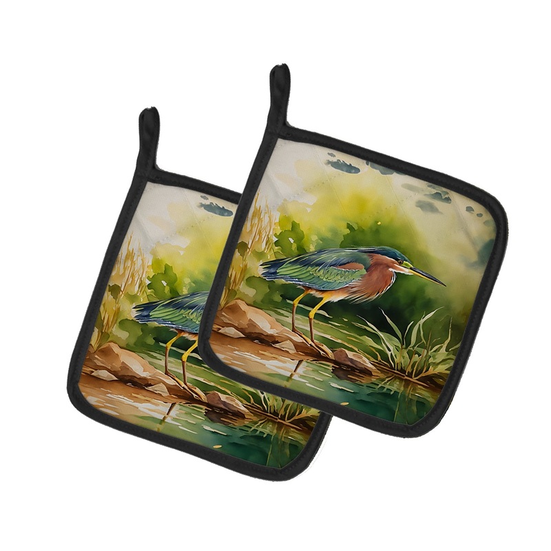 Green Heron Pot Holders - Set of 2 Decorative Kitchen Helpers | Made in the USA