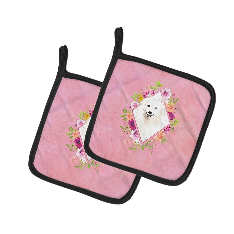 Japanese Spitz Pink Flowers Pot Holders - Set of 2 - Heat-Resistant Kitchen Essentials CK4229PTHD