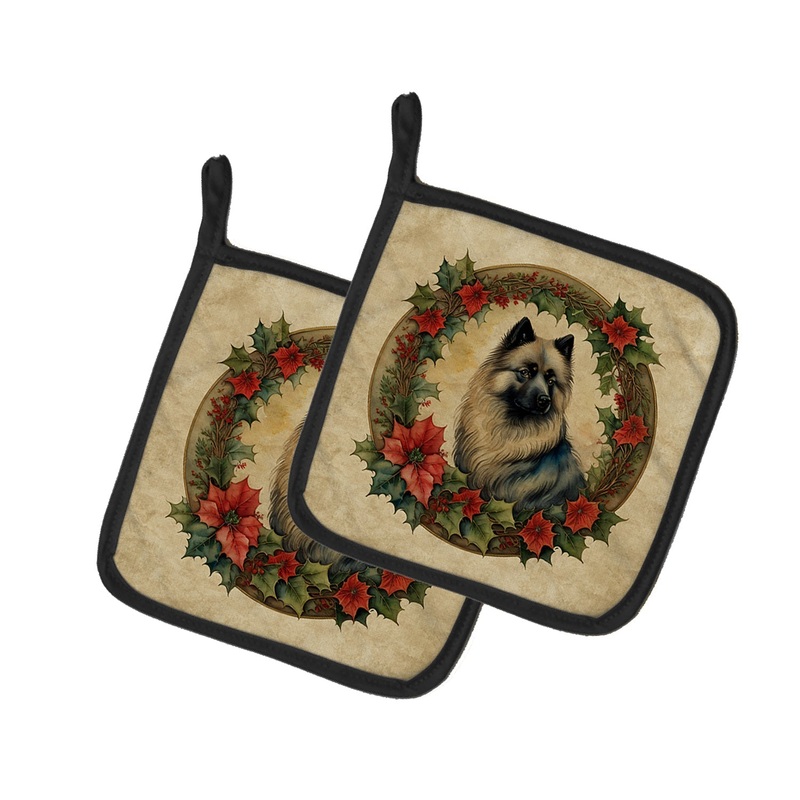 Keeshond Christmas Flowers Pot Holders - Set of 2 Decorative Kitchen Helpers | Made in the USA