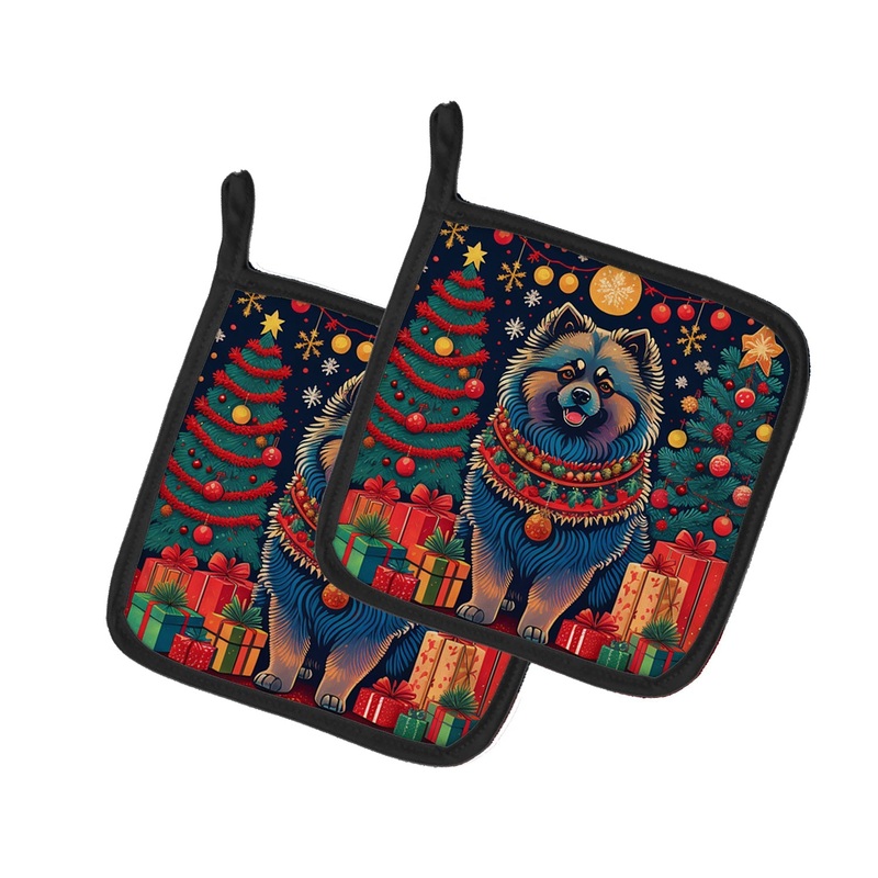 Keeshond Christmas Pot Holders - Set of 2 Decorative Kitchen Helpers | Made in the USA