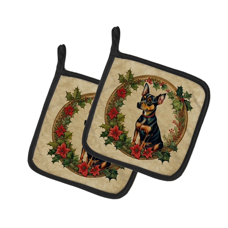 Miniature Pinscher Christmas Flowers Pot Holders - Set of 2 Decorative Kitchen Helpers | Made in the USA