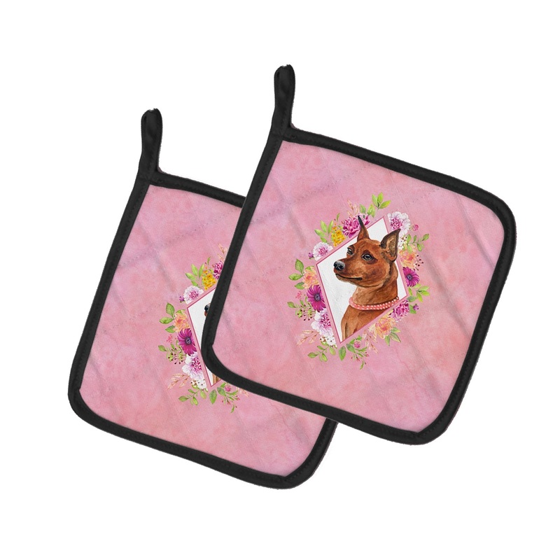 Miniature Pinscher Pink Flowers Pot Holders - Set of 2 - Heat-Resistant Kitchen Essentials CK4161PTHD