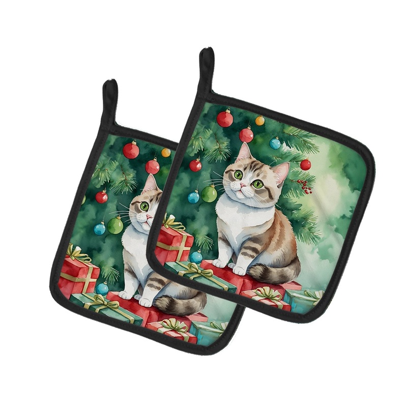 Munchkin Cat By the Christmas Tree Pot Holders - Set of 2 Decorative Kitchen Helpers | Made in the USA