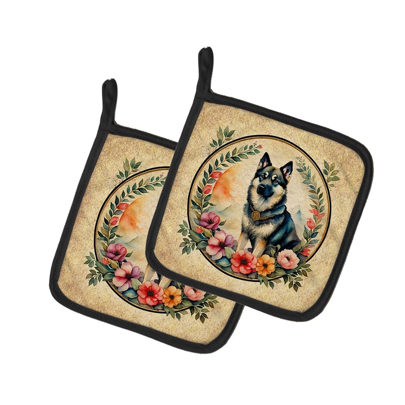 Norwegian Elkhound and Flowers Pot Holders - Set of 2 Decorative Kitchen Helpers | Made in the USA