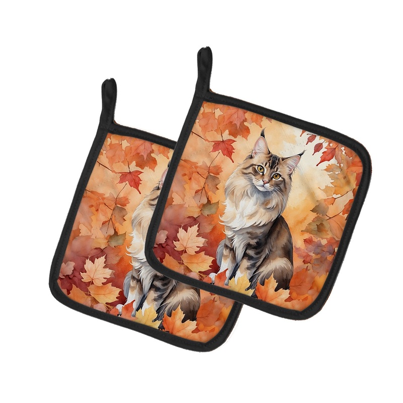 Oriental Longhair Cat in Fall Leaves Pot Holders - Set of 2 Decorative Kitchen Helpers | Made in the USA