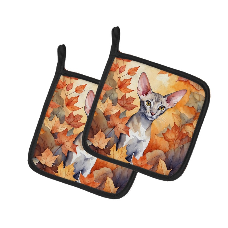 Oriental Shorthair Cat in Fall Leaves Pot Holders - Set of 2 Decorative Kitchen Helpers | Made in the USA