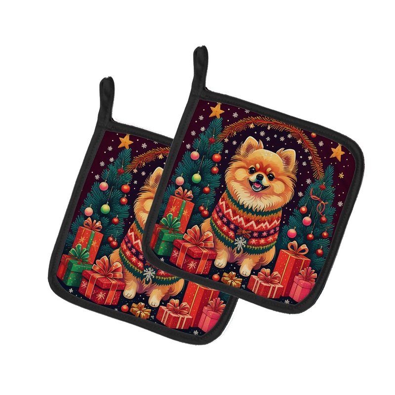 Pomeranian Christmas Pot Holders - Set of 2 Decorative Kitchen Helpers | Made in the USA