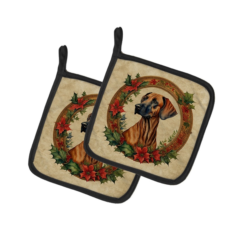 Rhodesian Ridgeback Christmas Flowers Pot Holders - Set of 2 Decorative Kitchen Helpers | Made in the USA