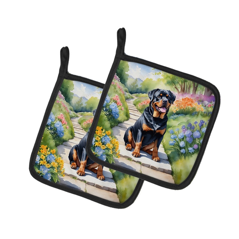 Rottweiler Spring Path Pot Holders - Set of 2 Decorative Kitchen Helpers | Made in the USA