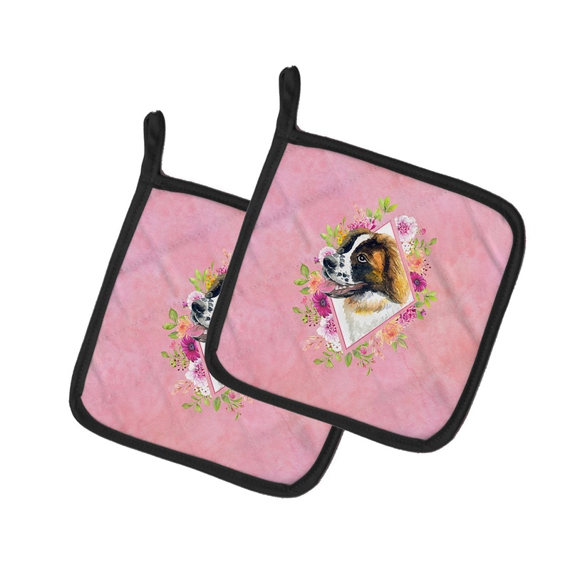 Saint Bernard #2 Pink Flowers Pot Holders - Set of 2 - Heat-Resistant Kitchen Essentials CK4187PTHD