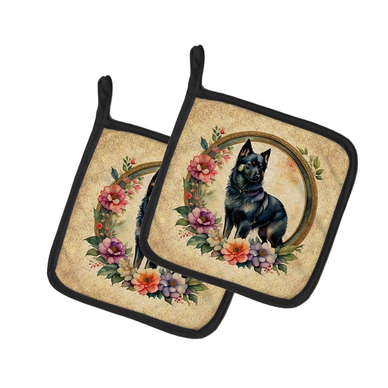 Schipperke and Flowers Pot Holders - Set of 2 Decorative Kitchen Helpers | Made in the USA