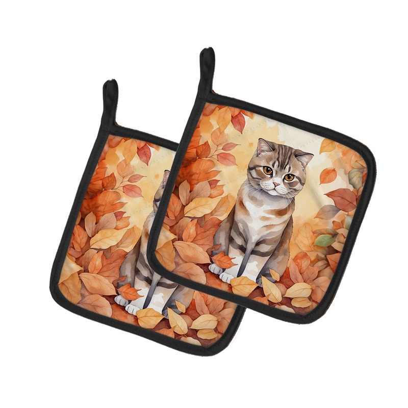 Scottish Fold Cat in Fall Leaves Pot Holders - Set of 2 Decorative Kitchen Helpers | Made in the USA