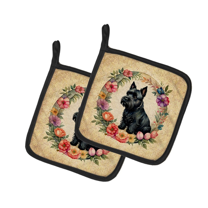 Scottish Terrier and Flowers Pot Holders - Set of 2 Decorative Kitchen Helpers | Made in the USA