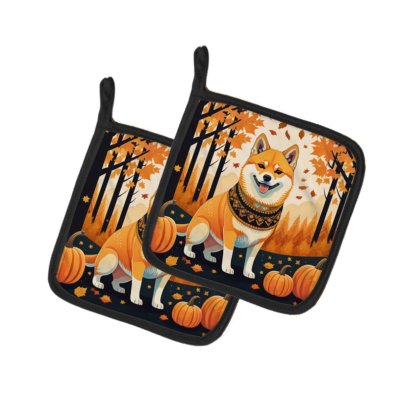 Shiba Inu Fall Pot Holders - Set of 2 Decorative Kitchen Helpers | Made in the USA