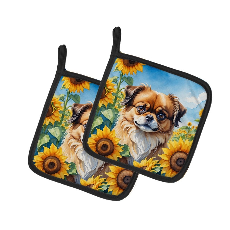 Tibetan Spaniel in Sunflowers Pot Holders - Set of 2 Decorative Kitchen Helpers | Made in the USA