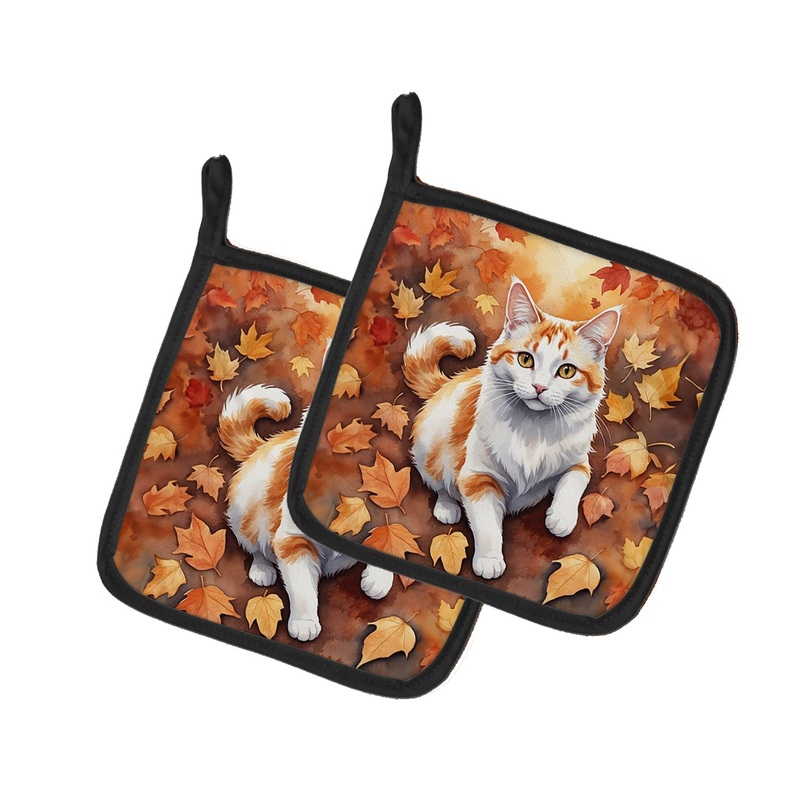 Turkish Van Cat in Fall Leaves Pot Holders - Set of 2 Decorative Kitchen Helpers | Made in the USA