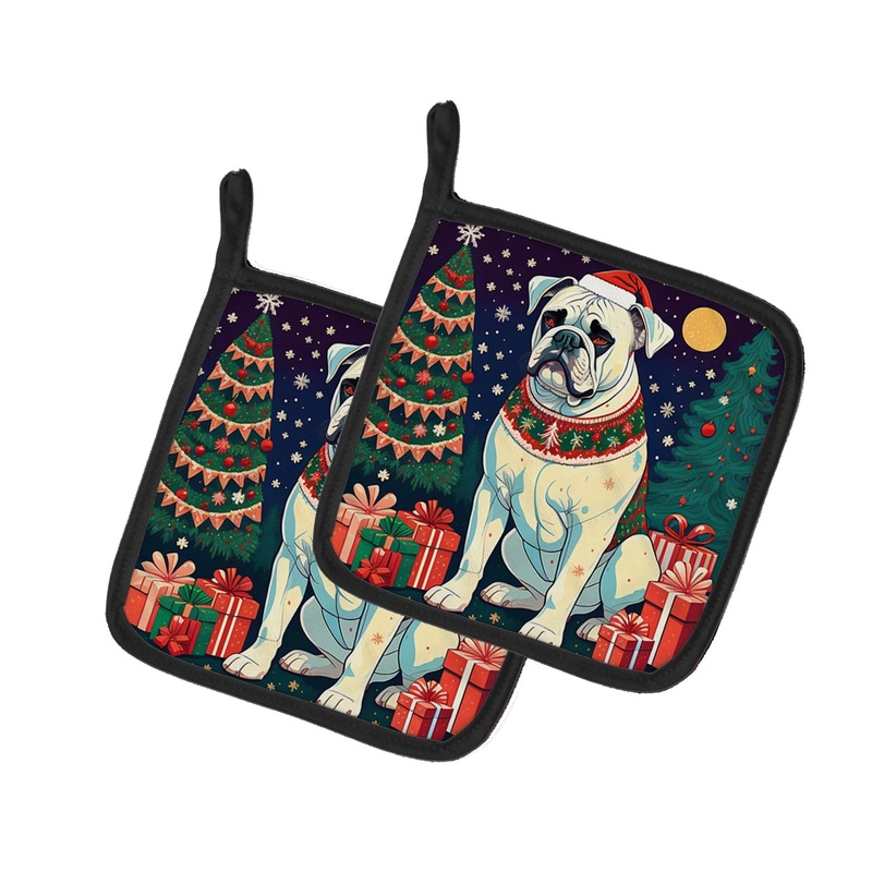 White Boxer Christmas Pot Holders - Set of 2 Decorative Kitchen Helpers | Made in the USA