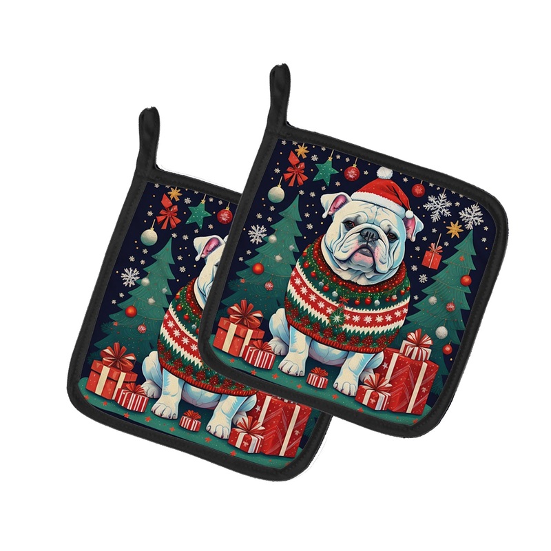 White English Bulldog Christmas Pot Holders - Set of 2 Decorative Kitchen Helpers | Made in the USA