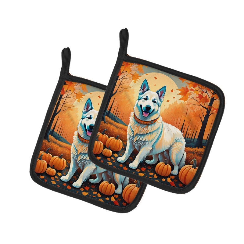 White German Shepherd Fall Pot Holders - Set of 2 Decorative Kitchen Helpers | Made in the USA