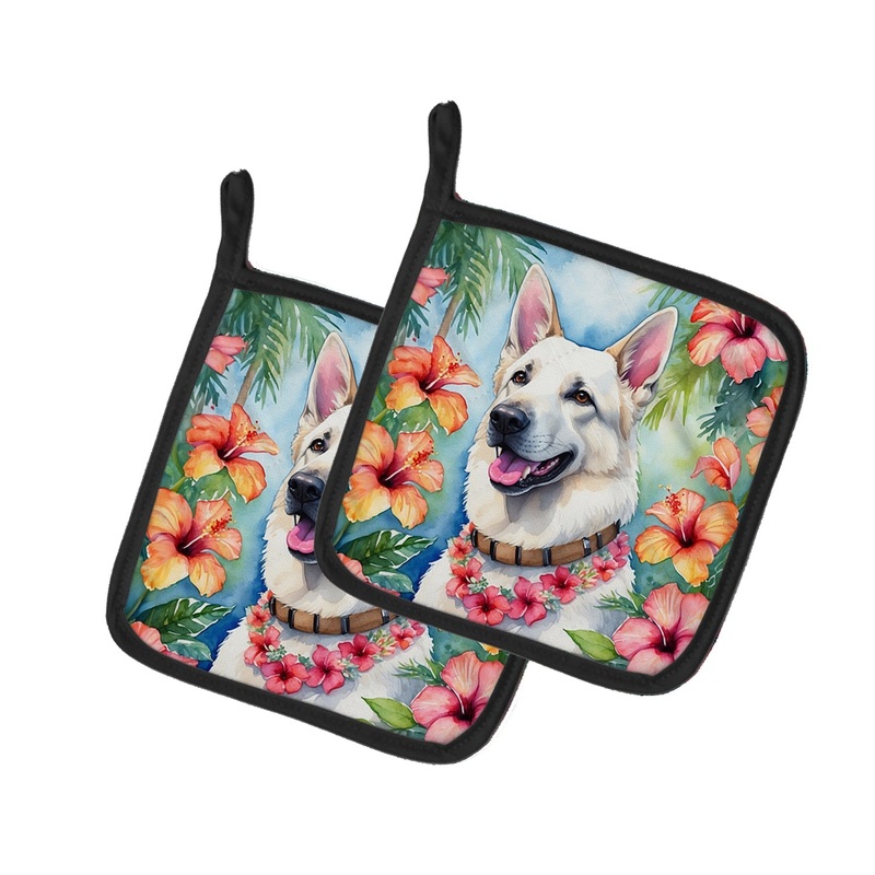White German Shepherd Luau Pot Holders - Set of 2 Decorative Kitchen Helpers | Made in the USA