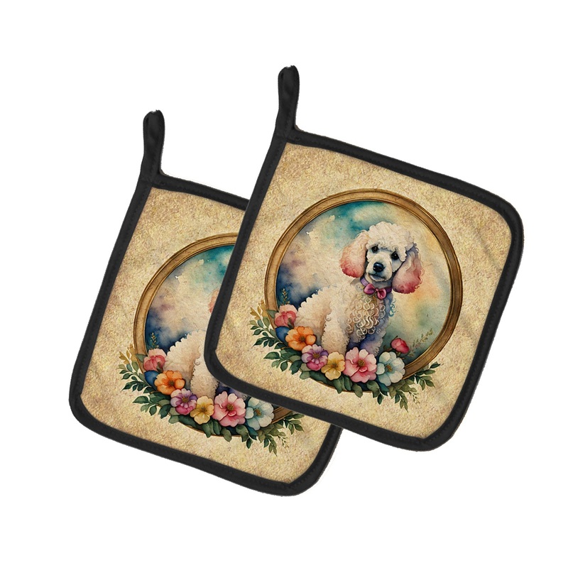 White Poodle and Flowers Pot Holders - Set of 2 Decorative Kitchen Helpers | Made in the USA