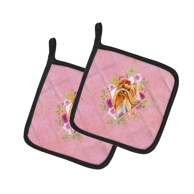 Yorkshire Terrier #2 Pink Flowers Pot Holders - Set of 2 - Heat-Resistant Kitchen Essentials CK4195PTHD