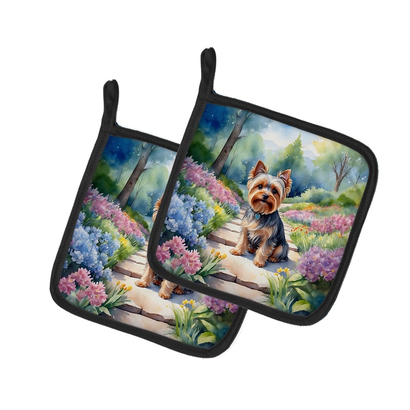 Yorkshire Terrier Spring Path Pot Holders - Set of 2 Decorative Kitchen Helpers | Made in the USA