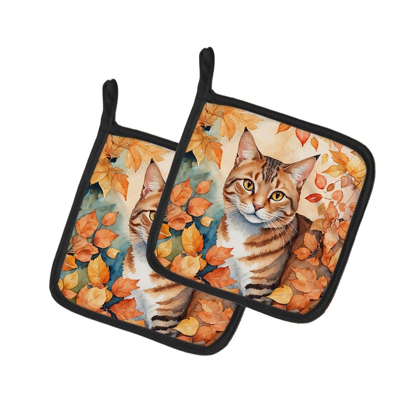 Aegean Cat in Fall Leaves Pot Holders - Set of 2 Decorative Kitchen Helpers | Made in the USA