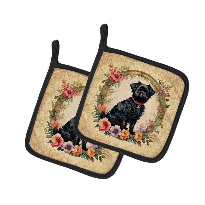 Affenpinscher and Flowers Pot Holders - Set of 2 Decorative Kitchen Helpers | Made in the USA