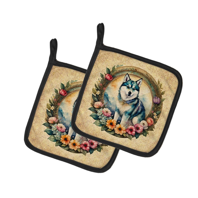 Alaskan Klee Kai and Flowers Pot Holders - Set of 2 Decorative Kitchen Helpers | Made in the USA