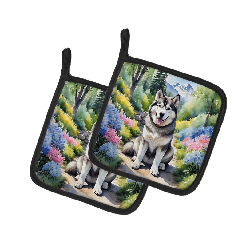 Alaskan Malamute Spring Garden Pot Holders - Set of 2 Decorative Kitchen Helpers | Made in the USA