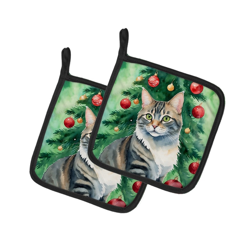American Bobtail Cat By the Christmas Tree Pot Holders - Set of 2 Decorative Kitchen Helpers | Made in the USA