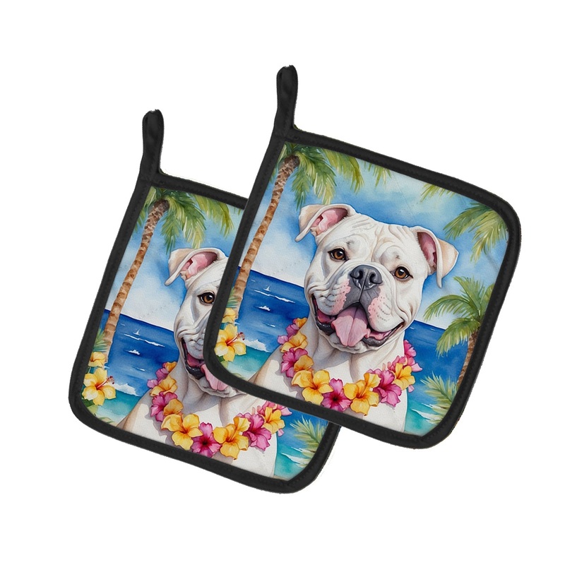 American Bulldog Luau Pot Holders - Set of 2 Decorative Kitchen Helpers | Made in the USA