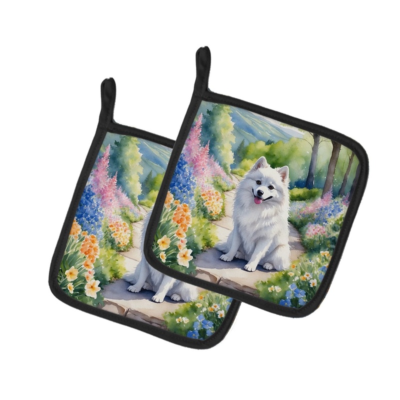 American Eskimo Spring Garden Pot Holders - Set of 2 Decorative Kitchen Helpers | Made in the USA