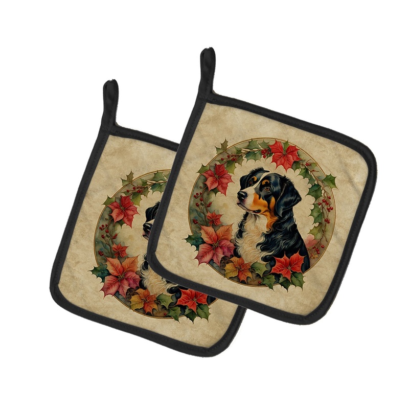 Appenzeller Sennenhund Christmas Flowers Pot Holders - Set of 2 Decorative Kitchen Helpers | Made in the USA