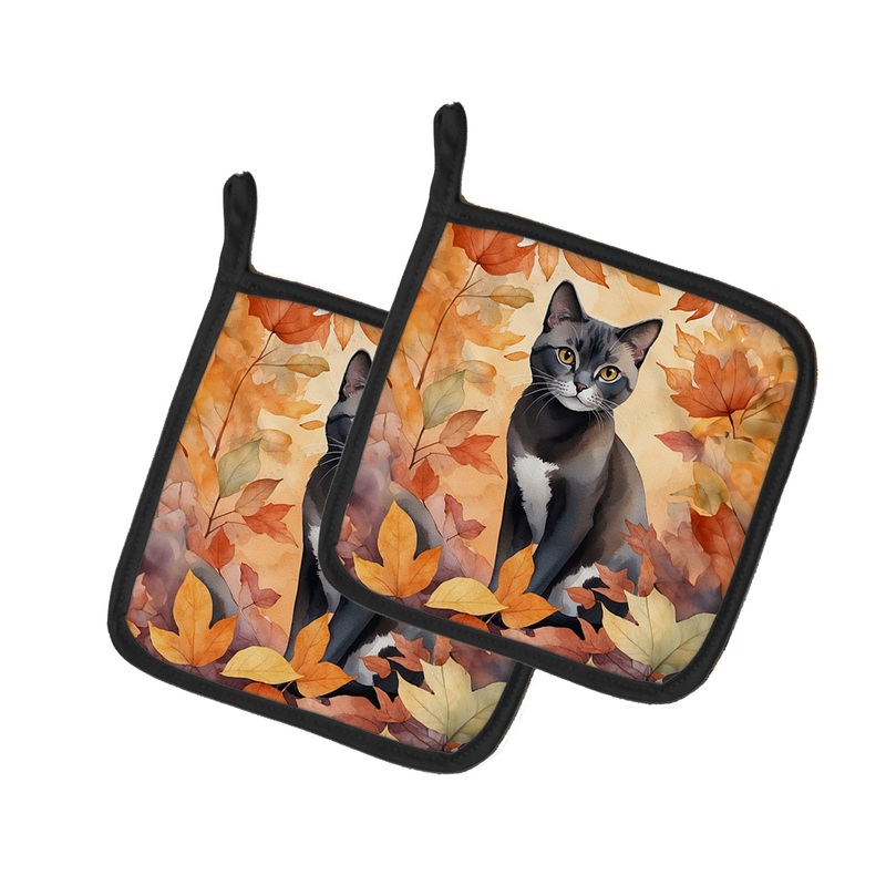 Asian Cat in Fall Leaves Pot Holders - Set of 2 Decorative Kitchen Helpers | Made in the USA