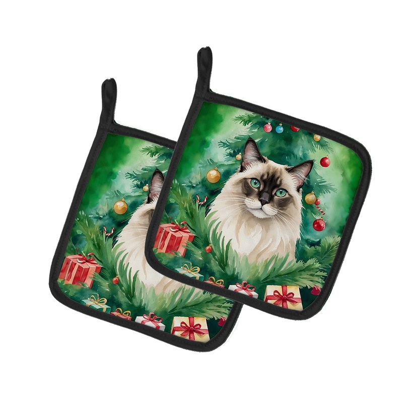 Balinese Cat By the Christmas Tree Pot Holders - Set of 2 Decorative Kitchen Helpers | Made in the USA