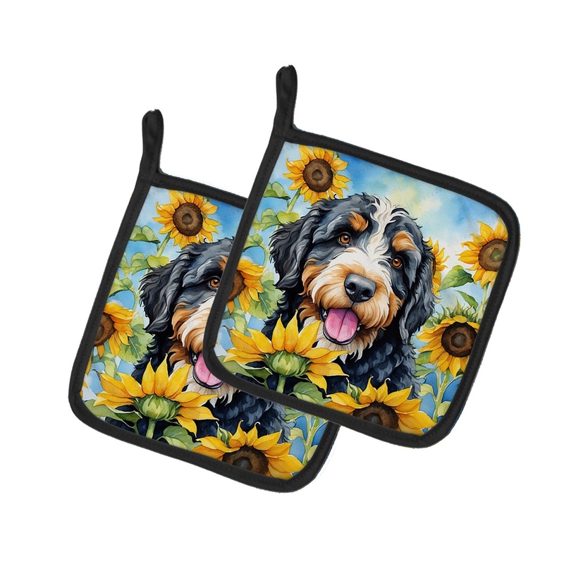 Bernedoodle in Sunflowers Pot Holders - Set of 2 Decorative Kitchen Helpers | Made in the USA